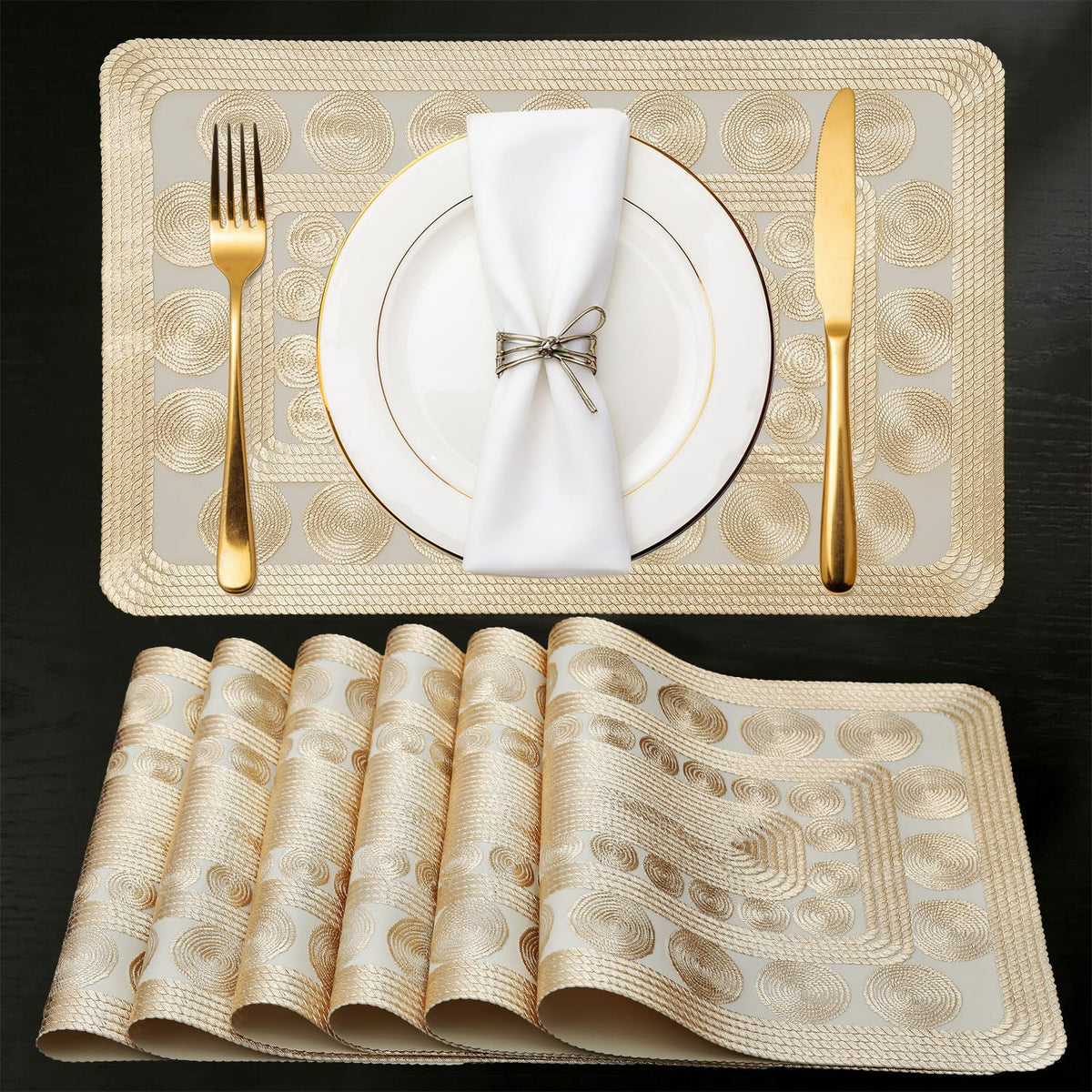 Metallic Gold Placemats Set of 6,Woven Rope Pattern Waterproof PVC Table Mats,Rectangular Washable Non-Slip