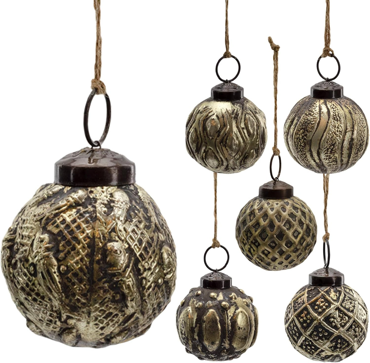 Farmhouse Ball Ornaments (Set of 6, 2", Antique Gold); Distressed Metal Tin Glass Ball Vintage Style
