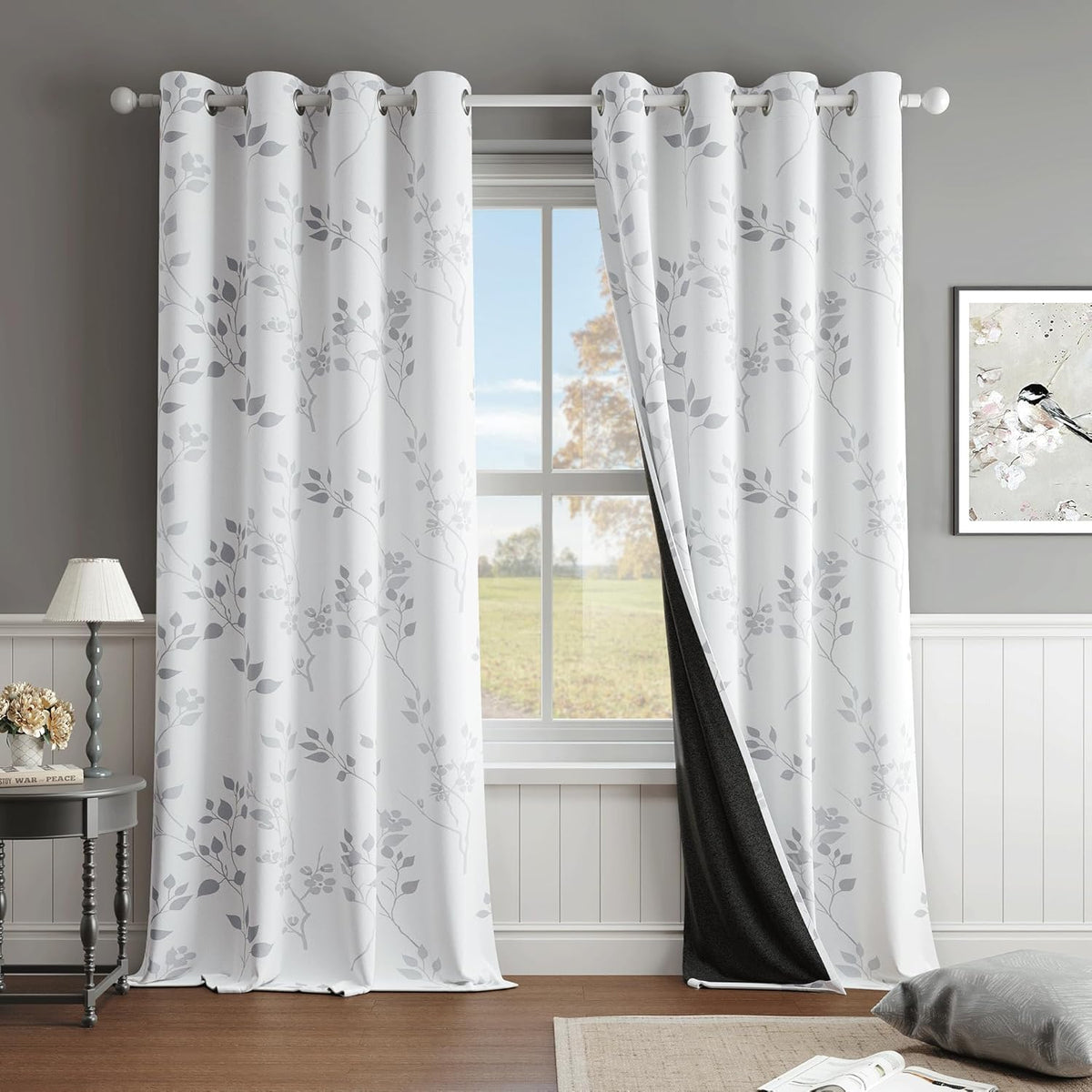 Floral 100% Blackout Curtains 2 Panels for Bedroom Living Room Grey White Flower Patterned Room