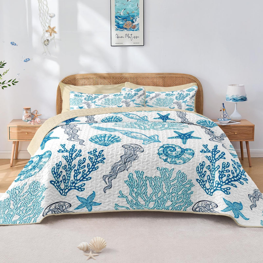 Quilt Set, 3 Pieces Ocean Beach Bedding, Bedspread