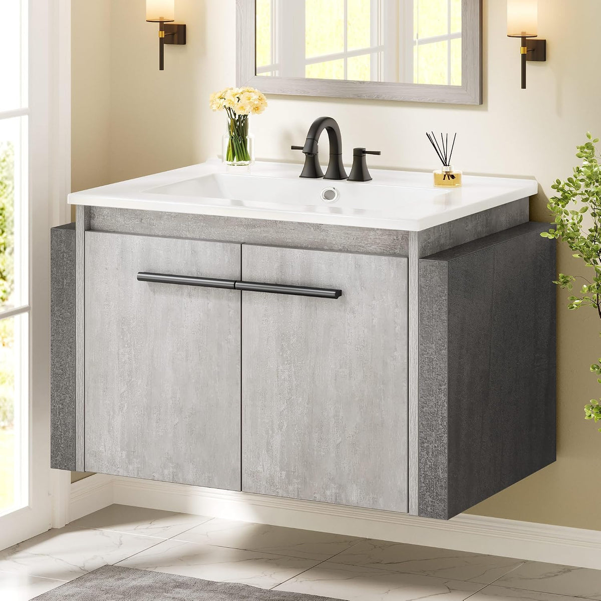 36" Modern Wall Mounted Bathroom Vanity with Sink - White & Gray Cabinet with 2 Soft-Close Doors