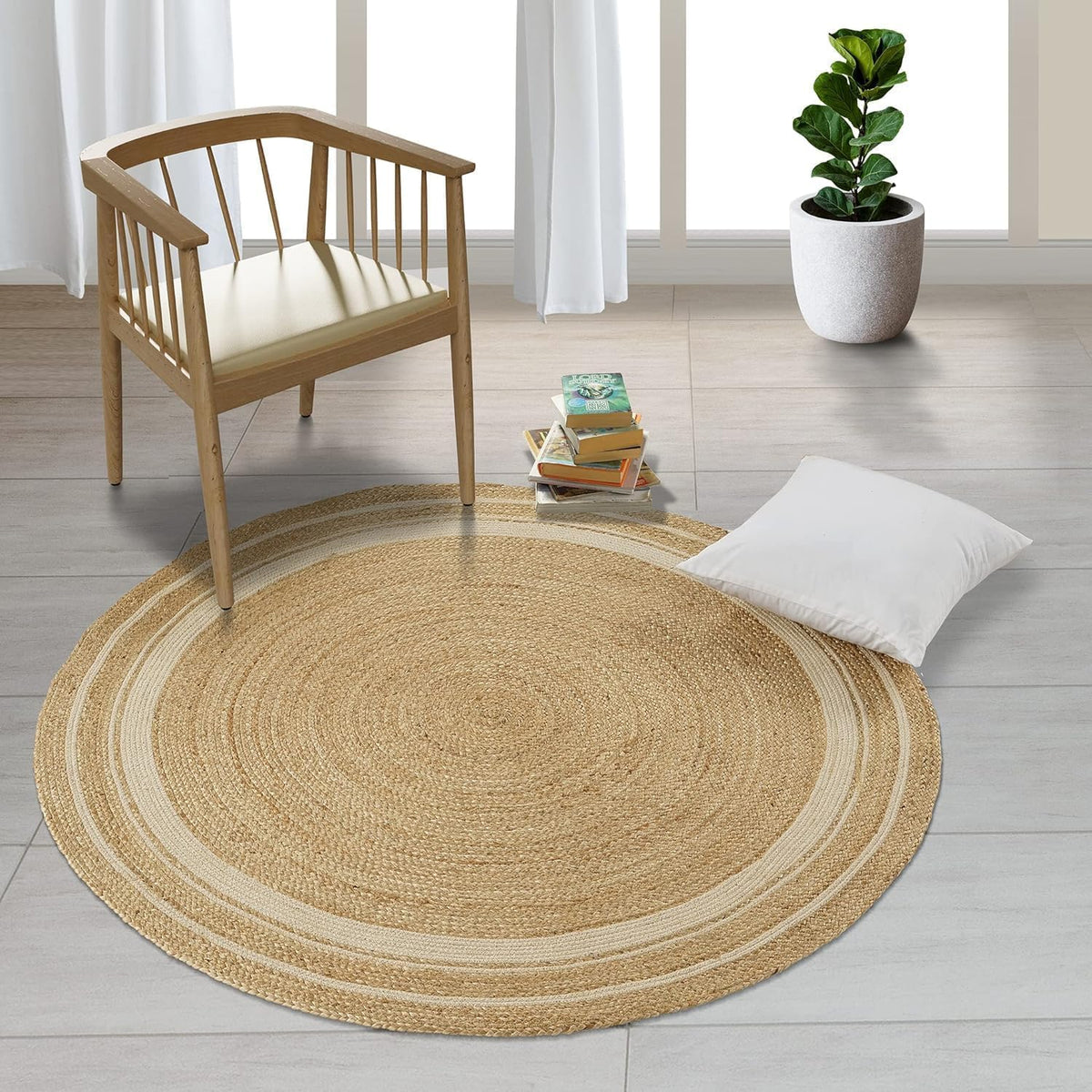 6' ft Round Jute Cotton Area Rug - Natural Fiber Handmade Boho Charm Farmhouse Jute Area Rug Soft Braided Rustic