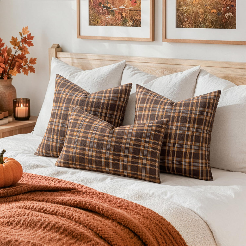 Fall Plaid Pillow Covers Scottish Tartan 18x18 Dark Brown