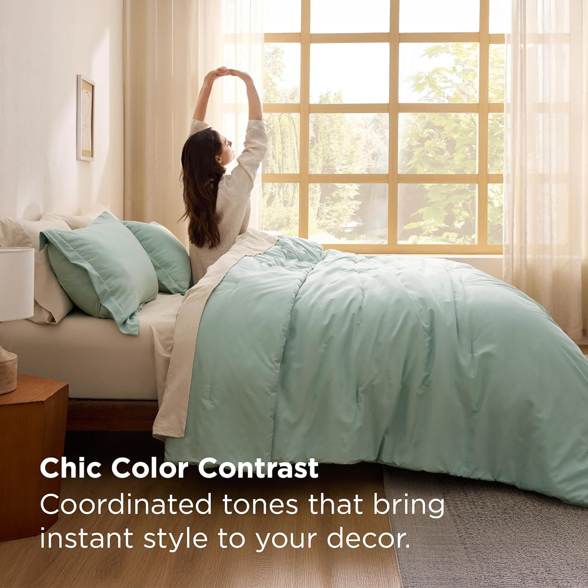 Comforter Set - 7 Pieces Sage Green Bedding Set for All Seasons