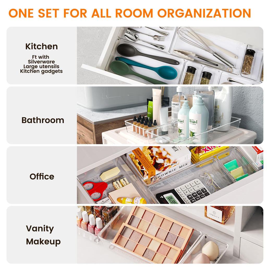 16 Pack Large Clear Plastic Drawer Organizer Bins - 5 Size Acrylic Bathroom and Vanity Organizers and Storage Trays