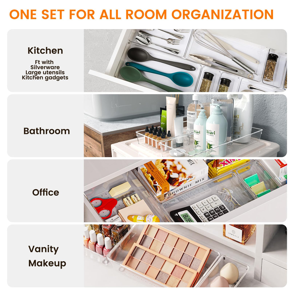 16 Pack Large Clear Plastic Drawer Organizer Bins - 5 Size Acrylic Bathroom and Vanity Organizers and Storage Trays