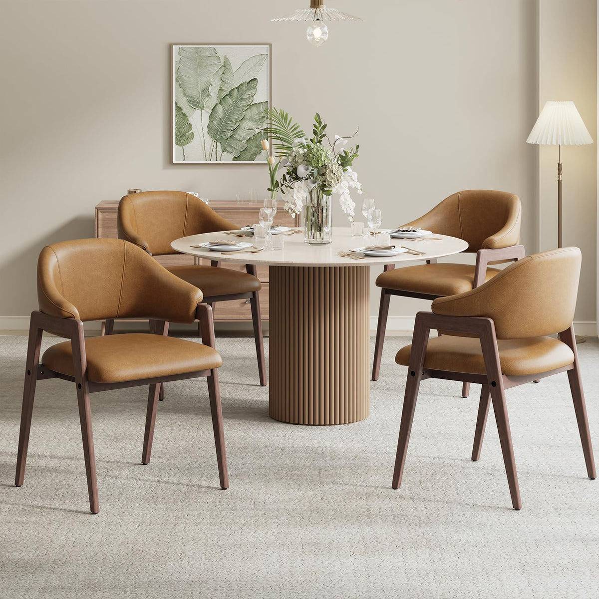 Wooden Dining Chairs Set of 4, Faux Leather, Curved Open Back, Brown