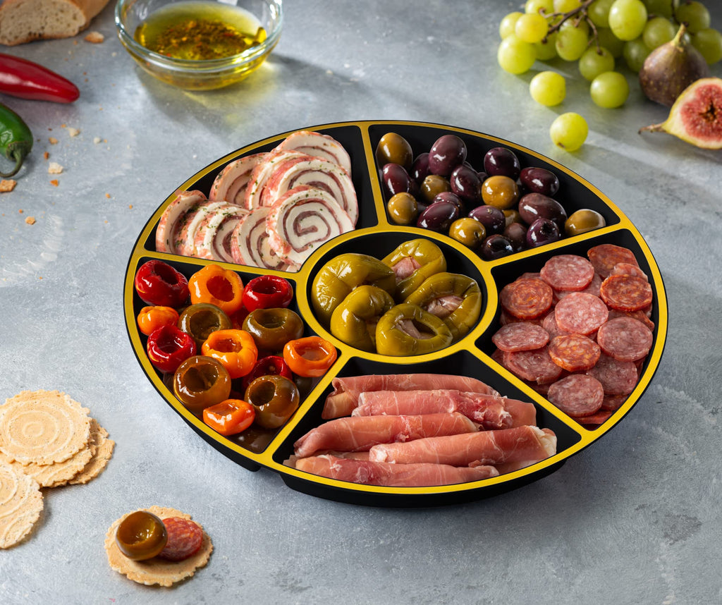 6 Sectional Round Plastic Serving Tray/Platters Black & Gold Pack of 4