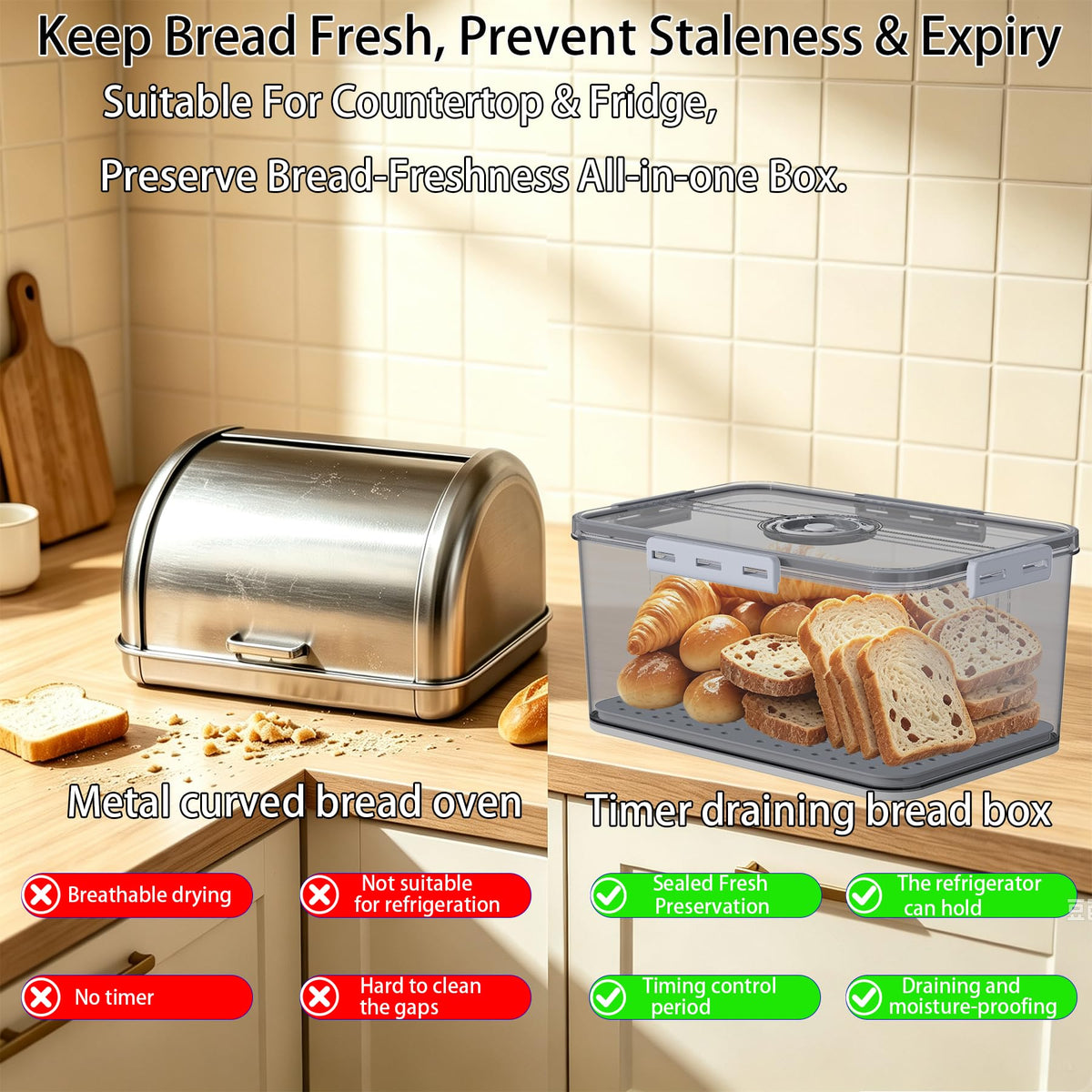 Large with Lid,Time Recording Airtight Bread Container Grey