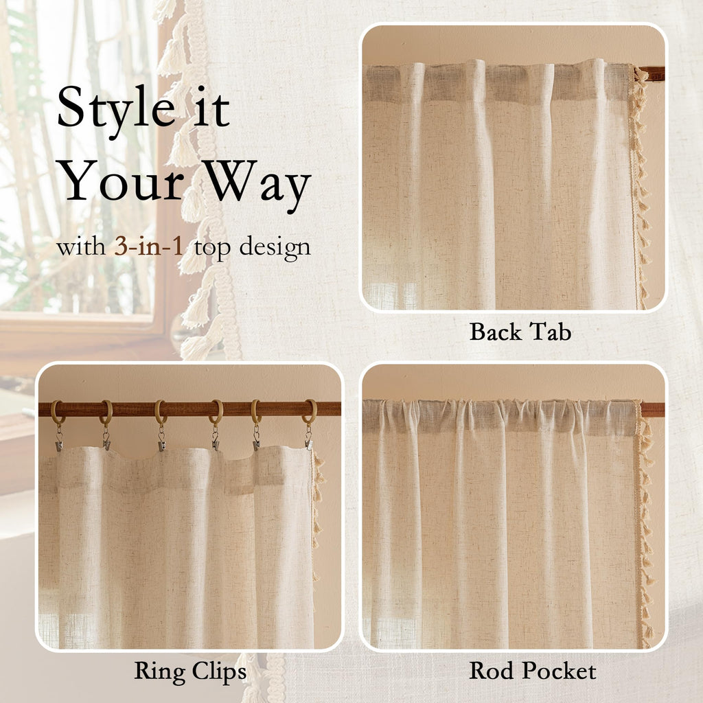 Linen Boho Curtains Bedroom, Semi Sheer Macrame Drapes 84 inches Length Farmhouse Style Back Tab Drapes for Sliding