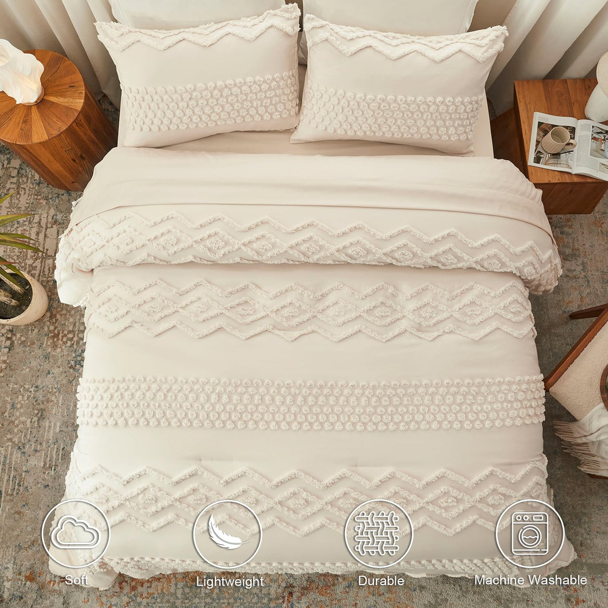 Beige Tufted Comforter Set, 3 Pieces King Size Boho Bedding Set