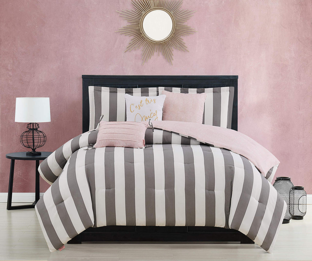 Cabana Stripe Reversible Bedding Set - Grey and White Stripe Print - 6 Piece Set - Includes 1 104" x 90"