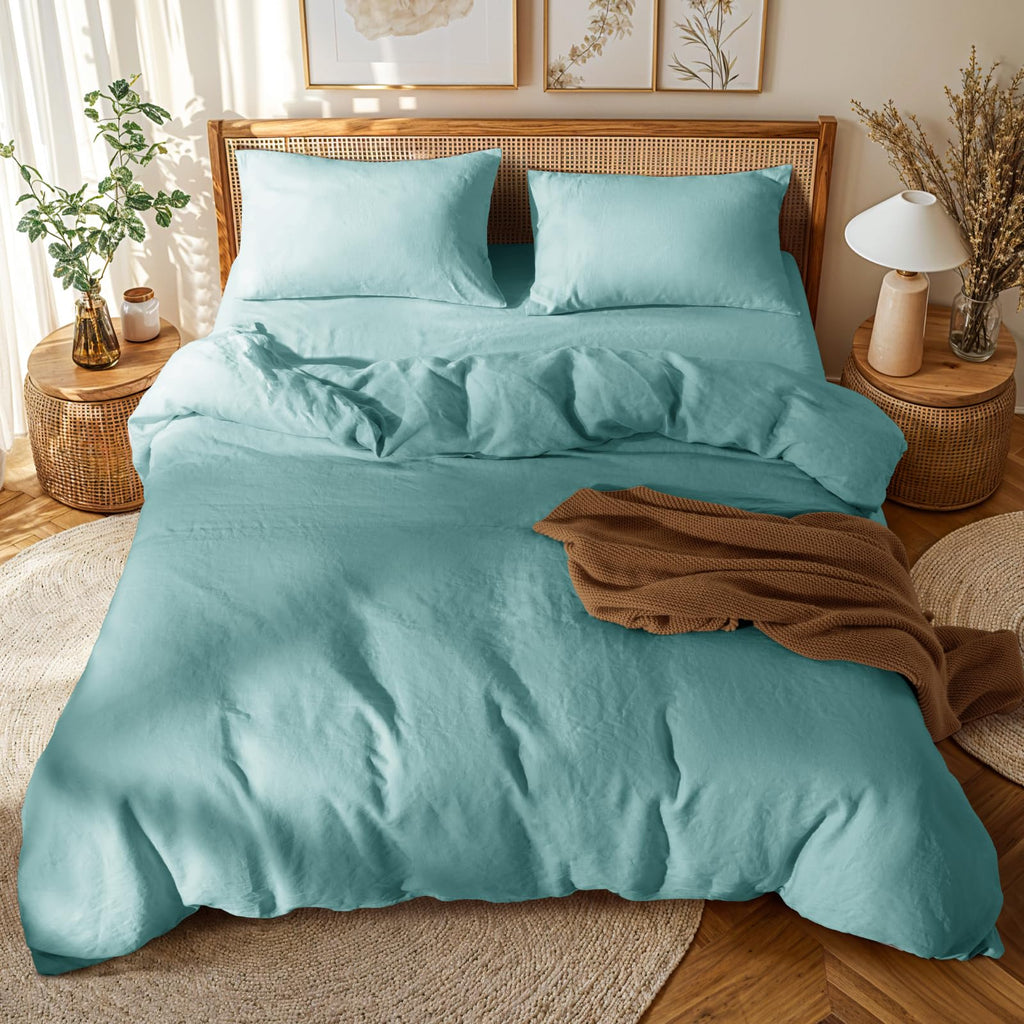 100% France Linen Duvet Cover Set 3 Pcs Natural Flax Duvet Cover Set 2 Pillowcase 1 Duvet Cover with Zipper (Aqua