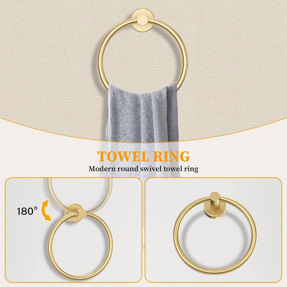 Brushed Gold Towel Bar Set 10 Pieces Round Bathroom Hardware Set Includes 23.6in Towel Bar Towel Ring Toilet Paper