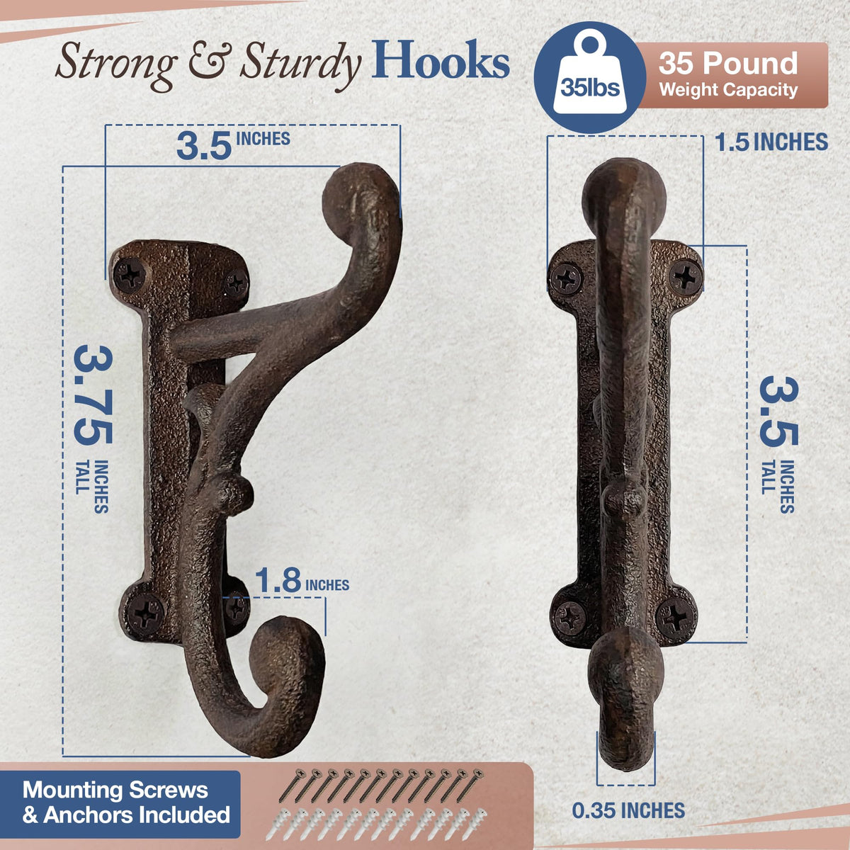 Rustic Cast Iron Coat Hooks (3 Pack) Rustic Dark Brown, Wall Mounted, Farmhouse Decorative, Heavy Duty Wall Hooks for
