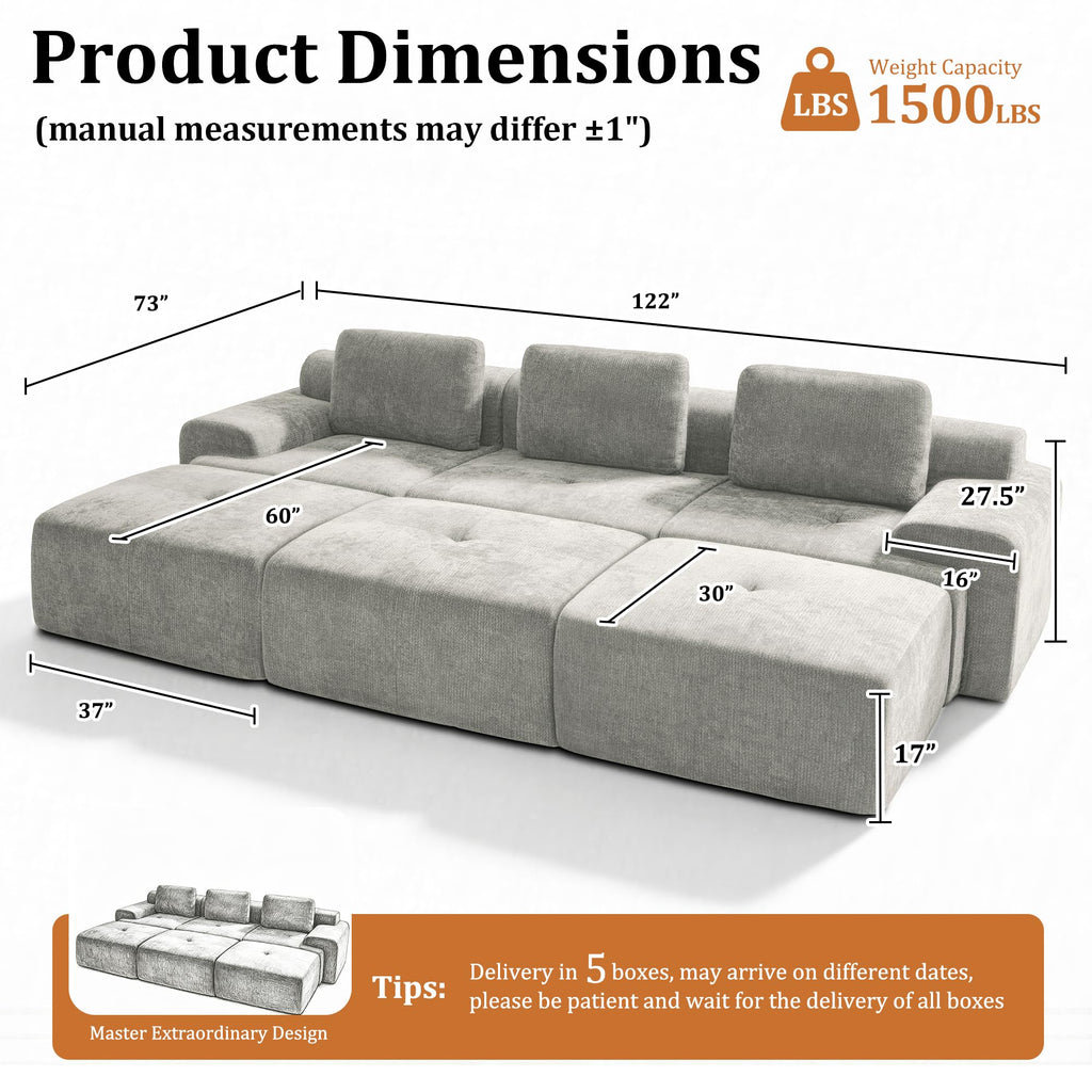122" Oversized Boneless Couch, Comfort Cloud Sectional Couches, Modular Sofa High Back & Extra Deep Seat, No