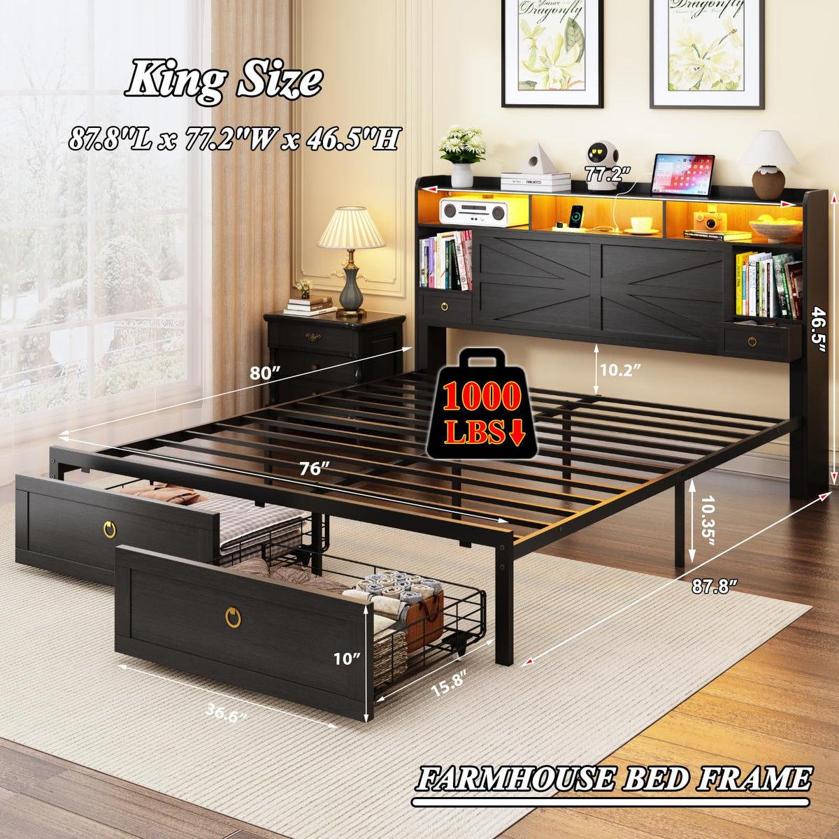 Bed Frame with Storage Headboard, Farmhouse Platform Bed Frame with Bookshelf, Drawers, LED Lights and Charging