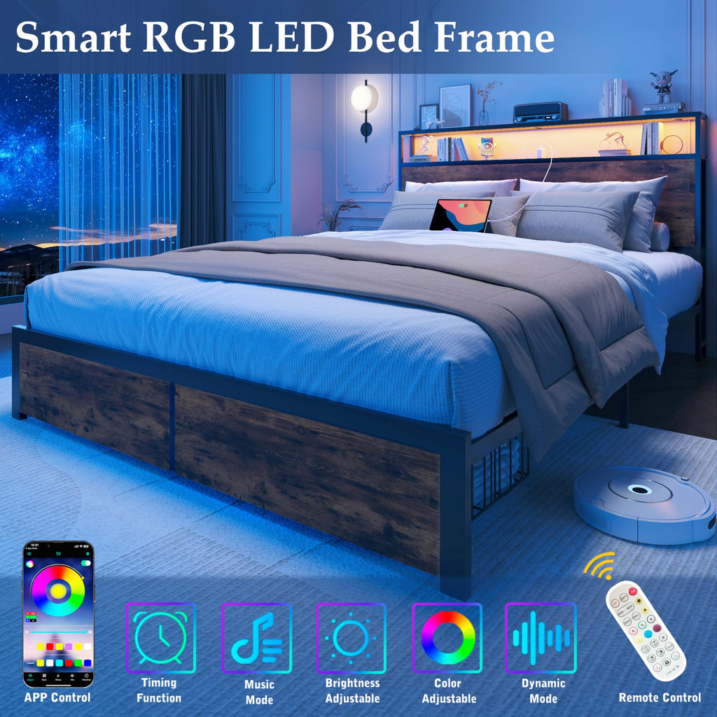 Bed Frame with Charging Station, LED Lights, 2 Drawers, Rustic Brown