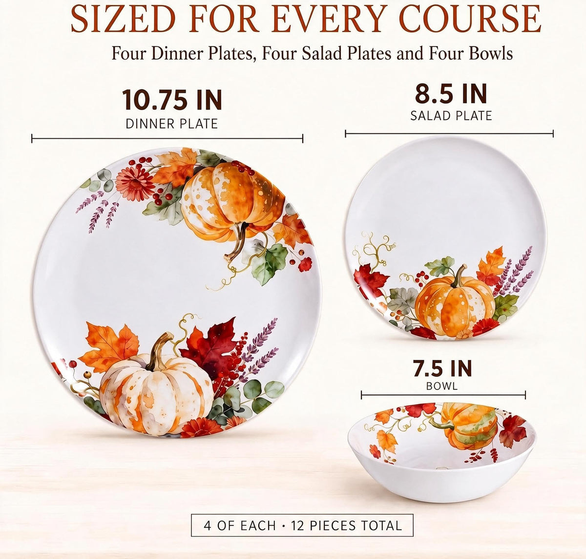 Melamine Dinnerware Set for 4, 12-Piece Pumpkin Plates and Bowls, BPA-Free