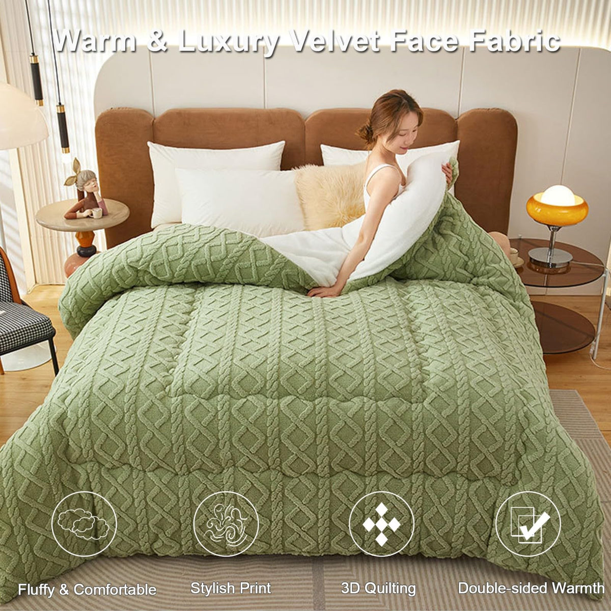 Sherpa Comforter Queen Fluffy Quilt - Warm Taffeta Fabric Fleece Twin Comforter - Queen Fluffy Comforter Set Grass