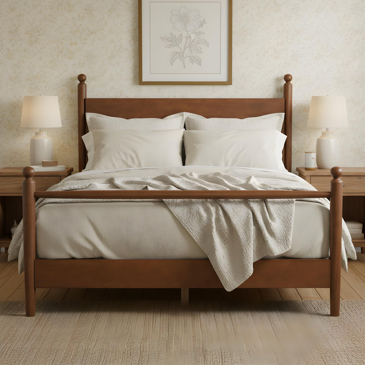 Solid Wood Platform Bed Frame with Spindle Headboard, Walnut
