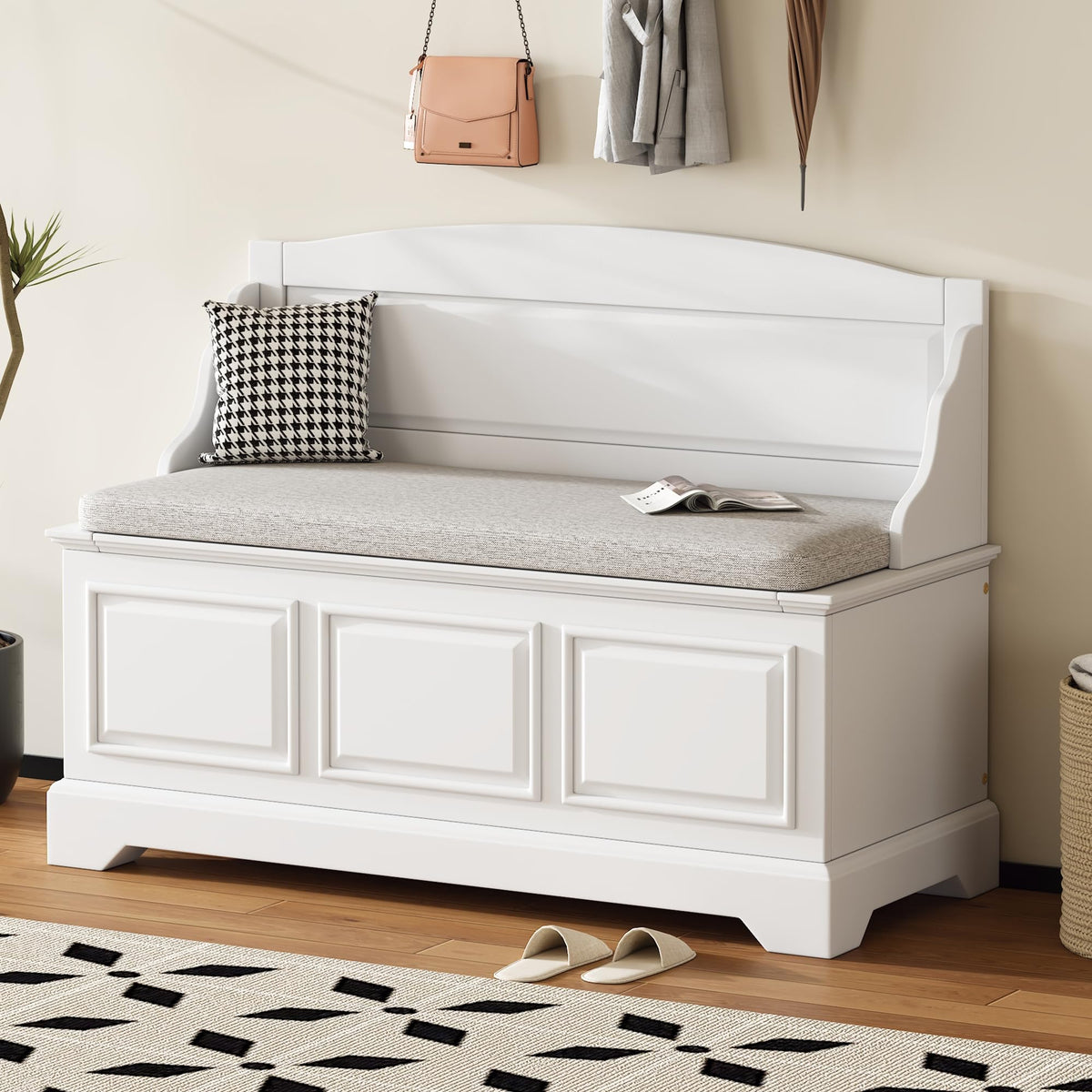 Rustic Entry Storage Bench with Hidden Compartments and Removable Cushion, Wooden Entryway Hallway Foyer Shoe Bench