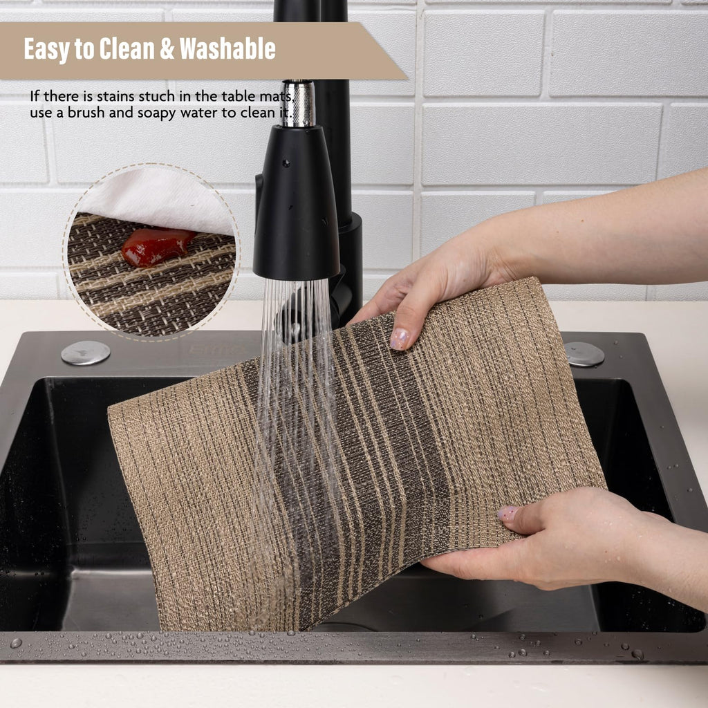 Placemats Set of 8, Washable Vinyl Woven Placemats, Heat Resistant & Wipeable Table Mats Dining Table (Brown)
