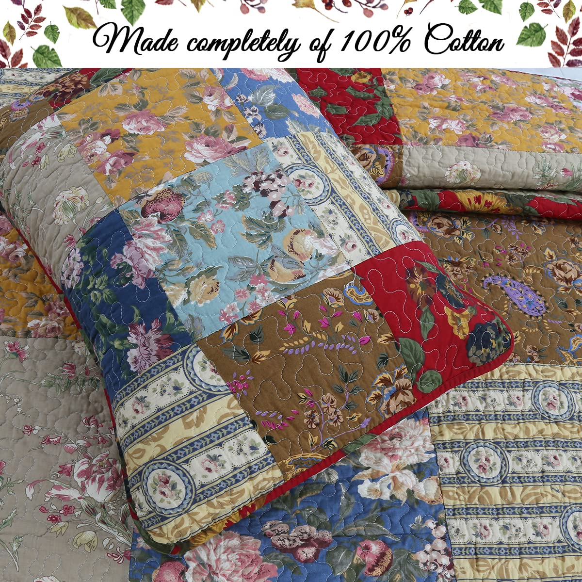 100% Cotton Hand Piecing Real Patchwork Floral Plaid Country Farmhouse Reversible Quilt Bedding Set Coverlet