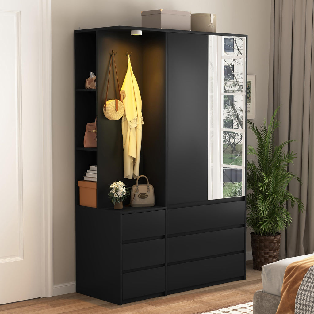 Armoire Wardrobe Closet with Mirror Door and LED Light, Bedroom Armoire with 6 Drawers, Modern Wooden Large Wardrobe