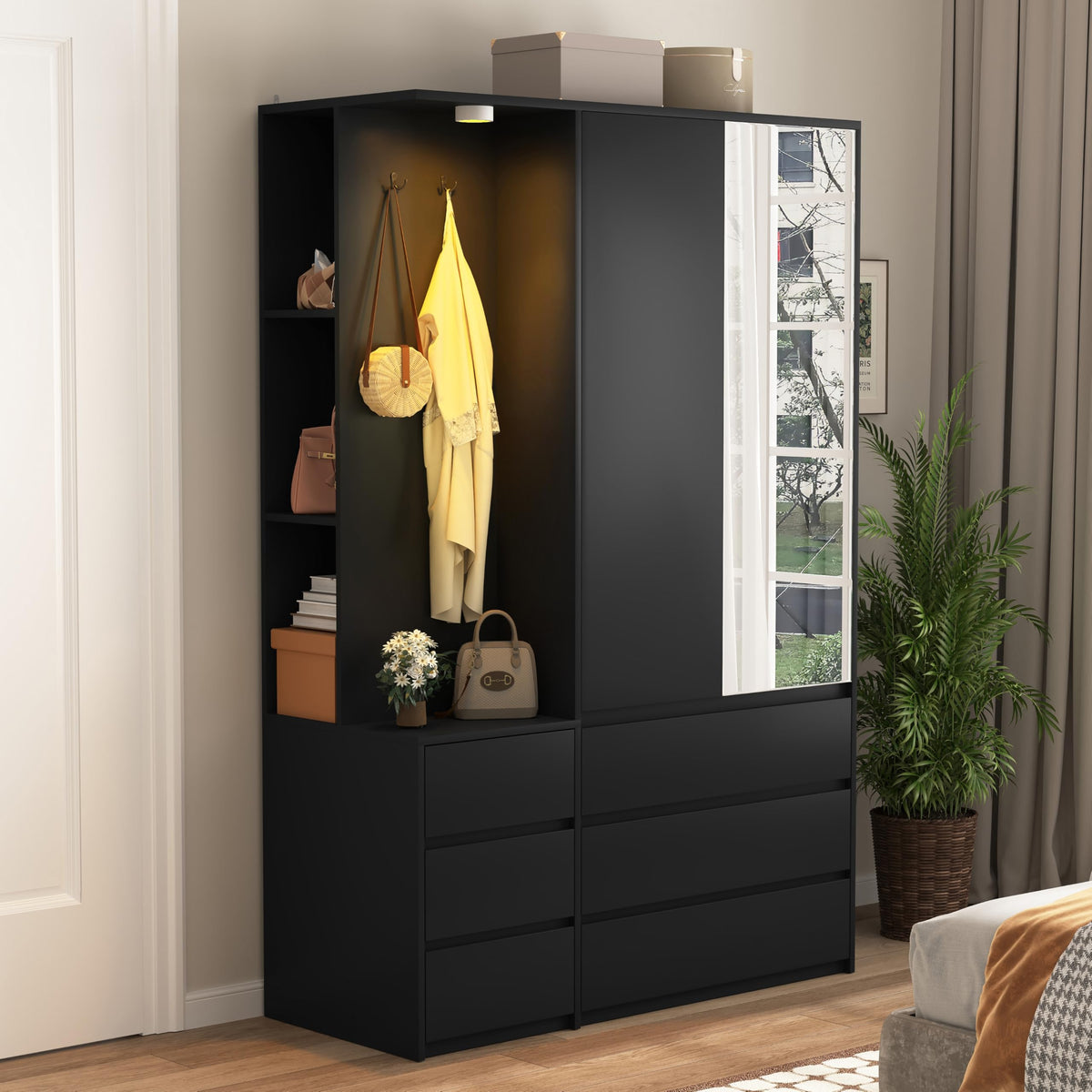 Armoire Wardrobe Closet with Mirror Door and LED Light, Bedroom Armoire with 6 Drawers, Modern Wooden Large Wardrobe