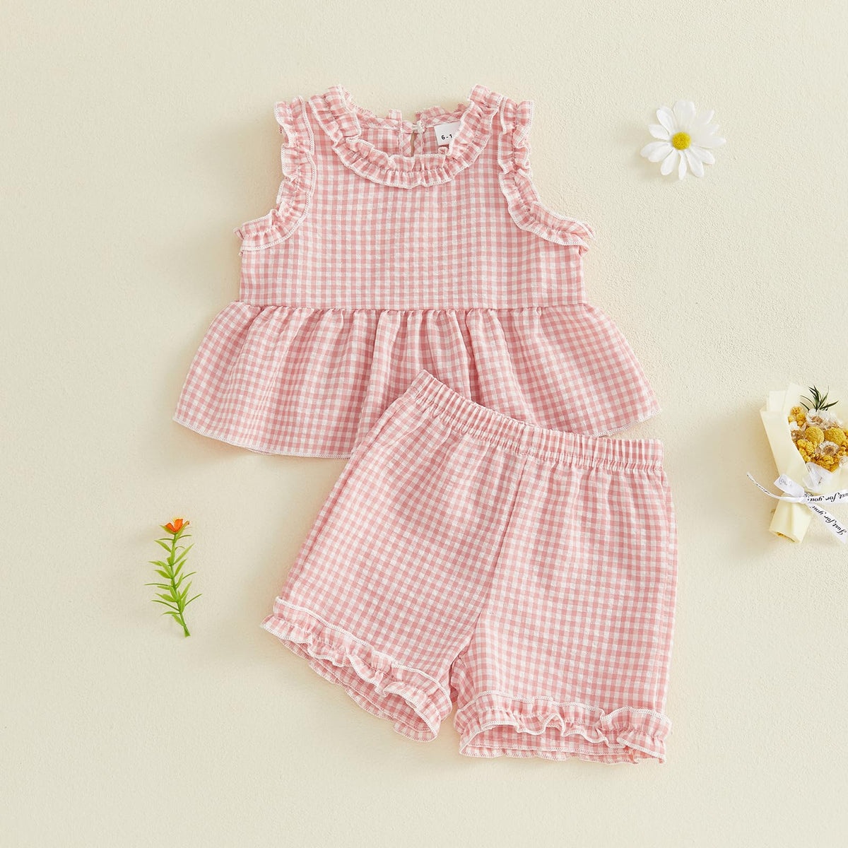 Toddler Baby Girl Summer Outfits Plaid Ruffle Sleeveless Shirt Tank Dress Top and Shorts Summer Clothes Set 2 Piece