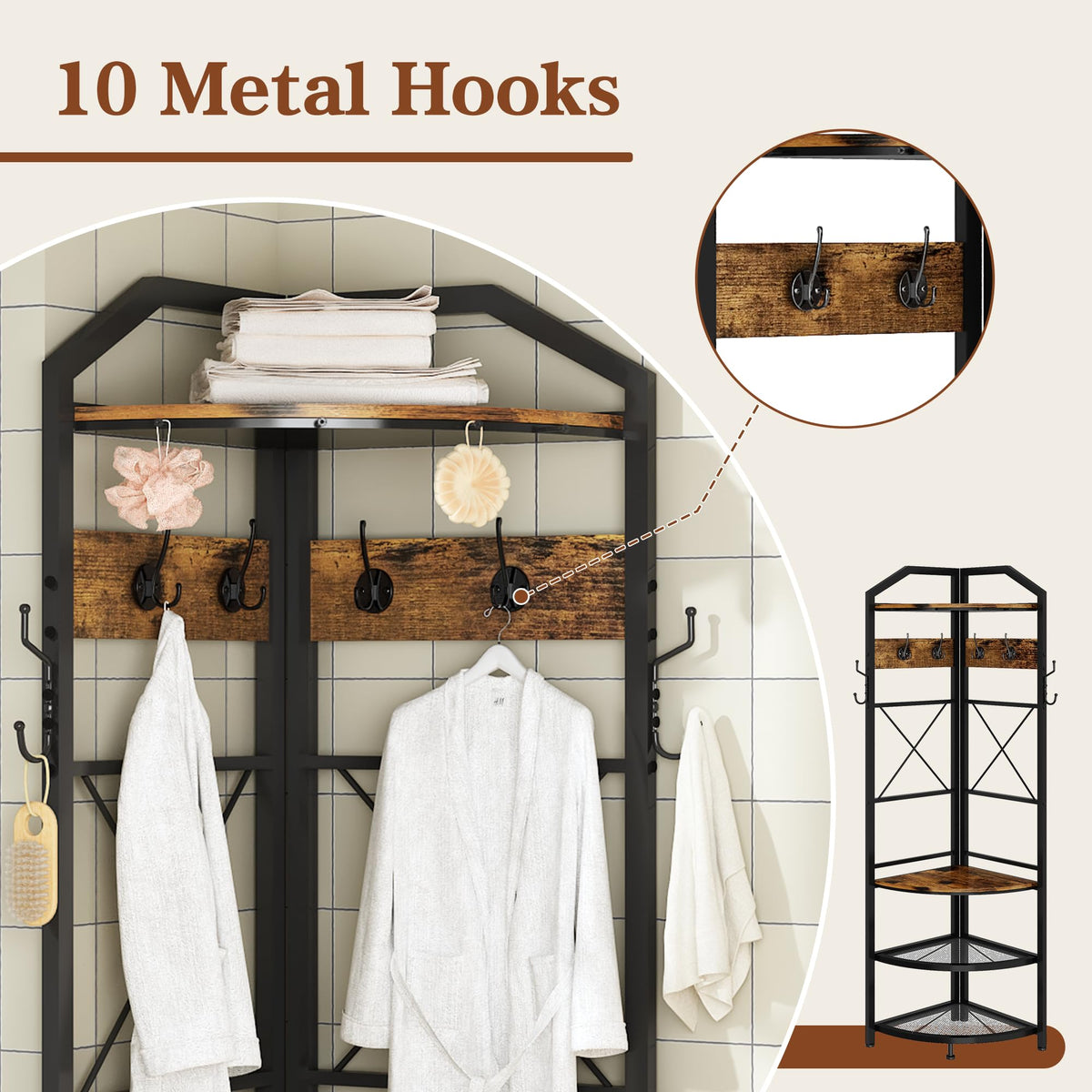 Corner Coat Rack with Storage, Entryway Hall Tree with Shoe Rack and Hooks, Freestanding Clothes Rack Corner Shelf