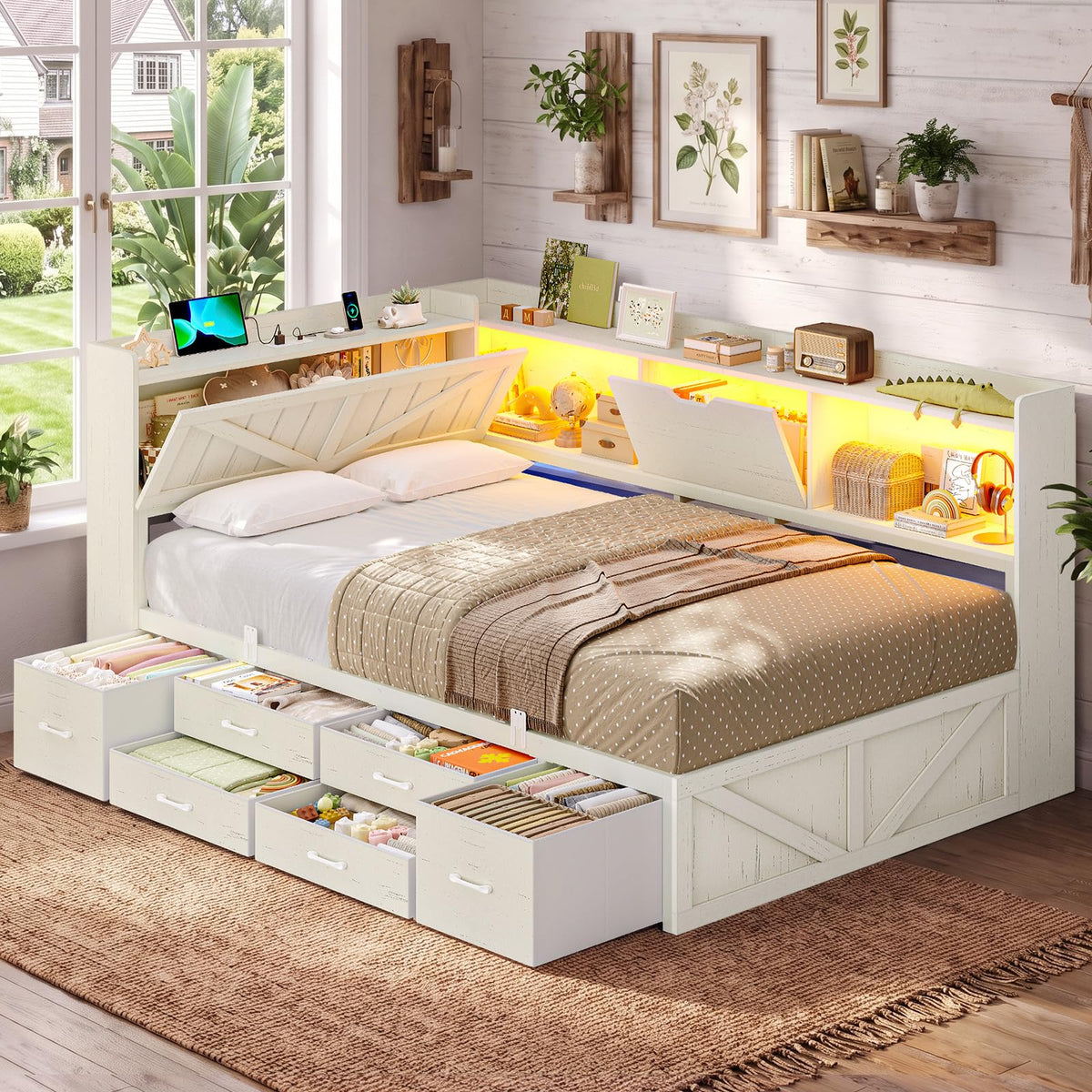 Corner Farmhouse Bed with 6 Storage Drawers, Antique White