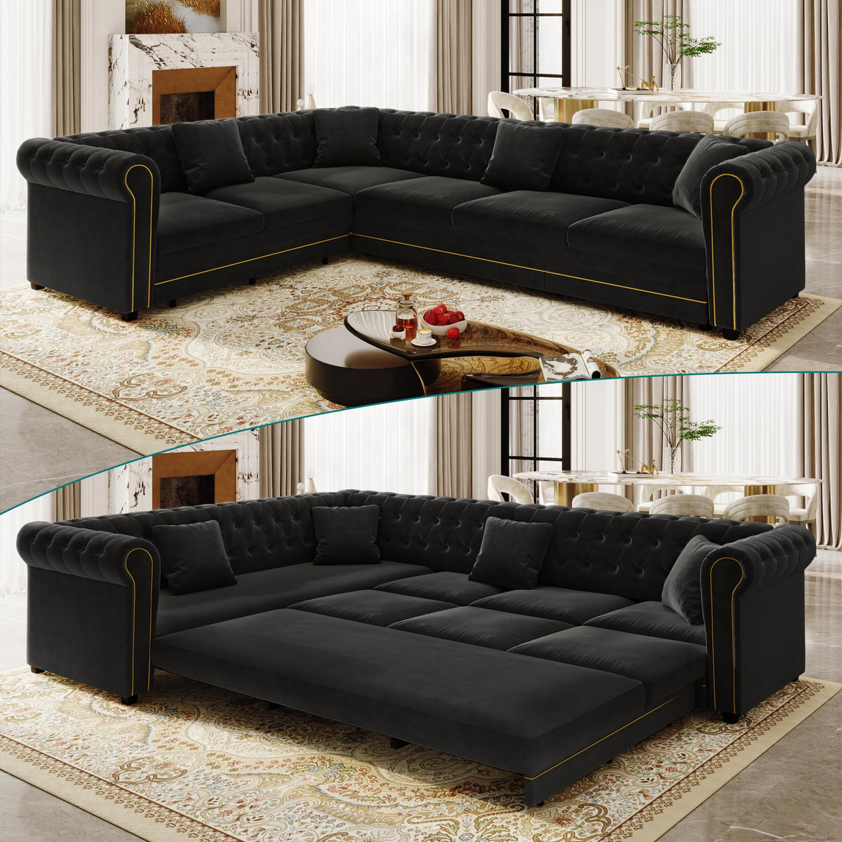 Sectional Sleeper Sofa, 115.3" L-Shaped Couch with Pull Out Couch, Black