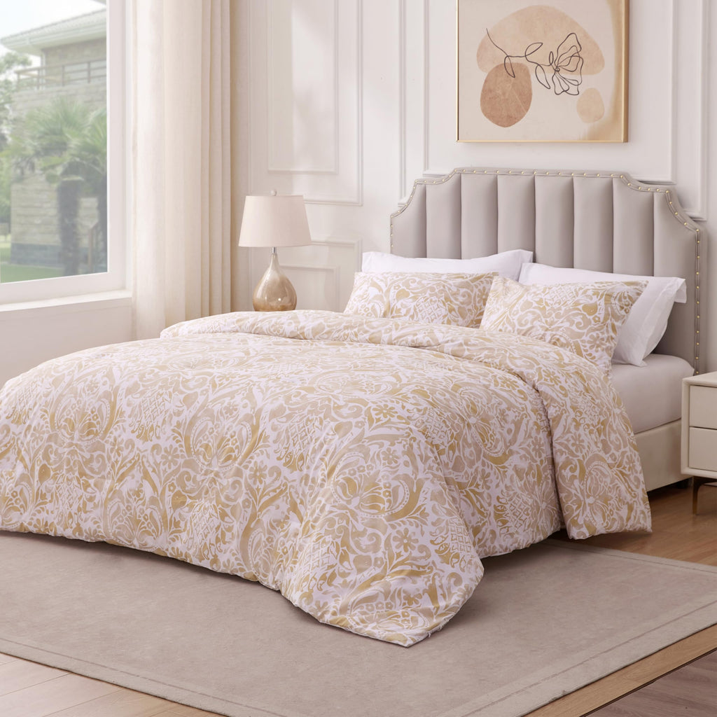 Cotton, Damask, Queen Comforter Set, 3 PCS, Bronze Damask