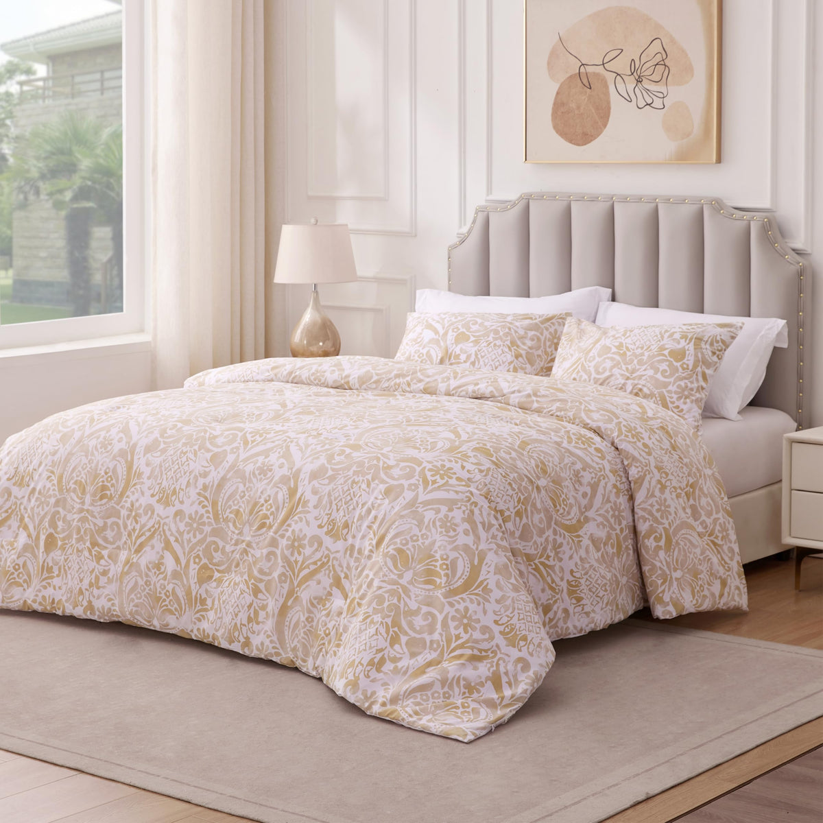 Cotton, Damask, Queen Comforter Set, 3 PCS, Bronze Damask
