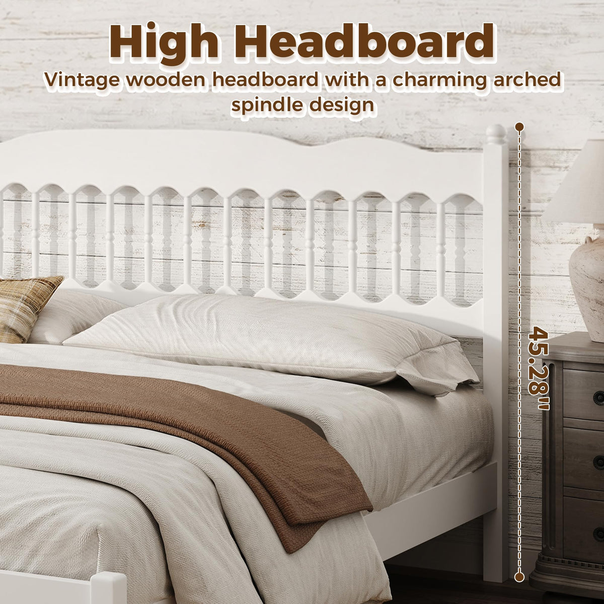 Farmhouse Wood Bed Frame with Spindle Headboard, White