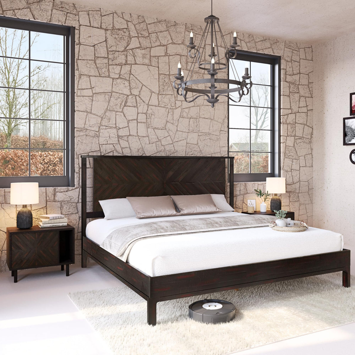 Vivian 14 Inch Deluxe Bed Frame with Headboard, Rustic & Scandinavian Style with Solid Acacia Wood, No Box Spring