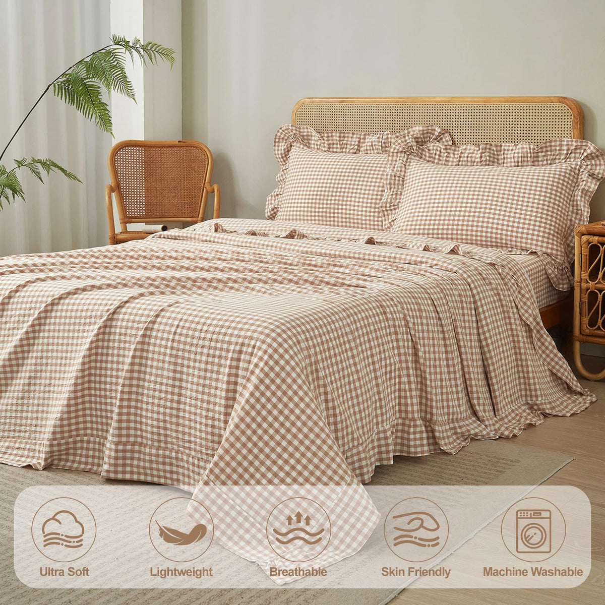 Tan Gingham Ruffle Sheets Set Boho Taupe Plaid Bed Sheets