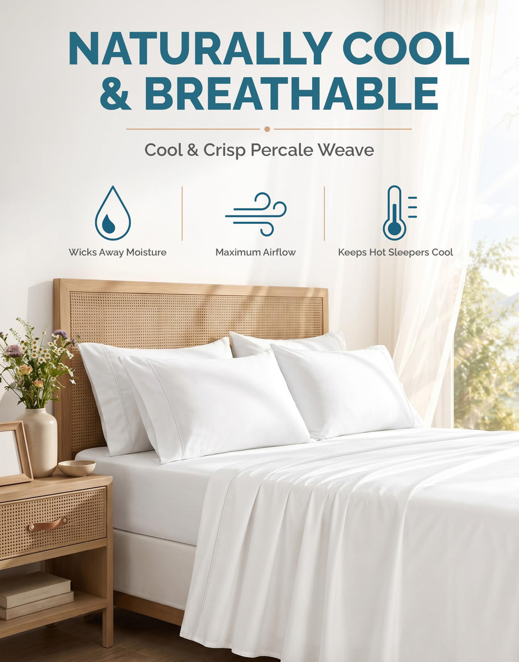 Sheets Set -100% Cotton Sheets with 4 Pillowcases, Lightweight Feel & Secure Fit, Crisp & Breathable