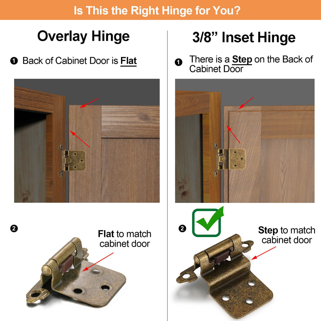 Antique Brass Kitchen Cabinet Hinges, 3/8" Inset, 10 Pack