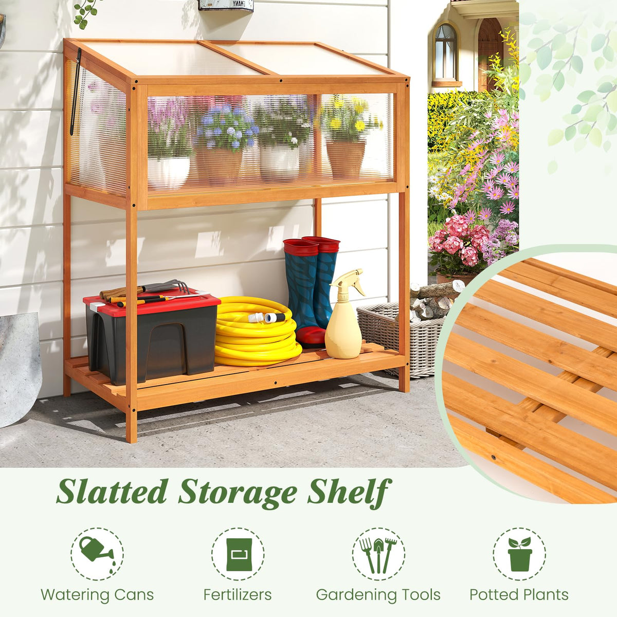 Wood Cold Frame Greenhouse, Raised Flower Planter Protection with Transparent Openable Roof & Slatted Shelf, Indoor
