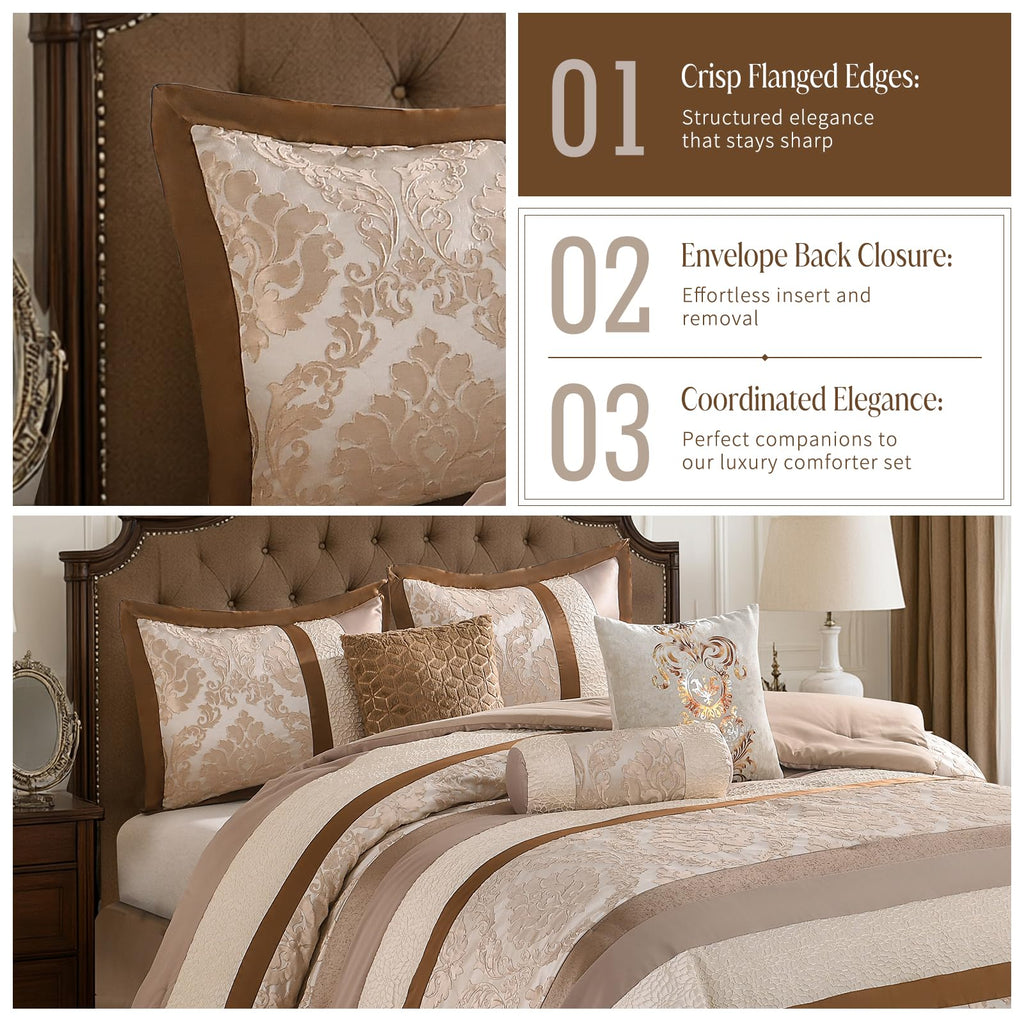 Beige Brown Gold Comforter Set, Luxury Jacquard Bedding 7 Pcs
