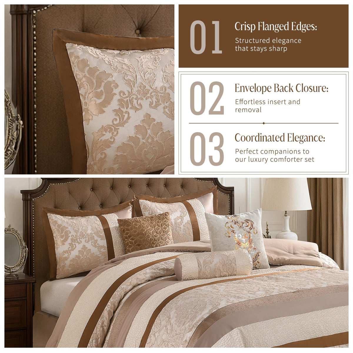 Beige Brown Gold Comforter Set, Luxury Jacquard Bedding 7 Pcs