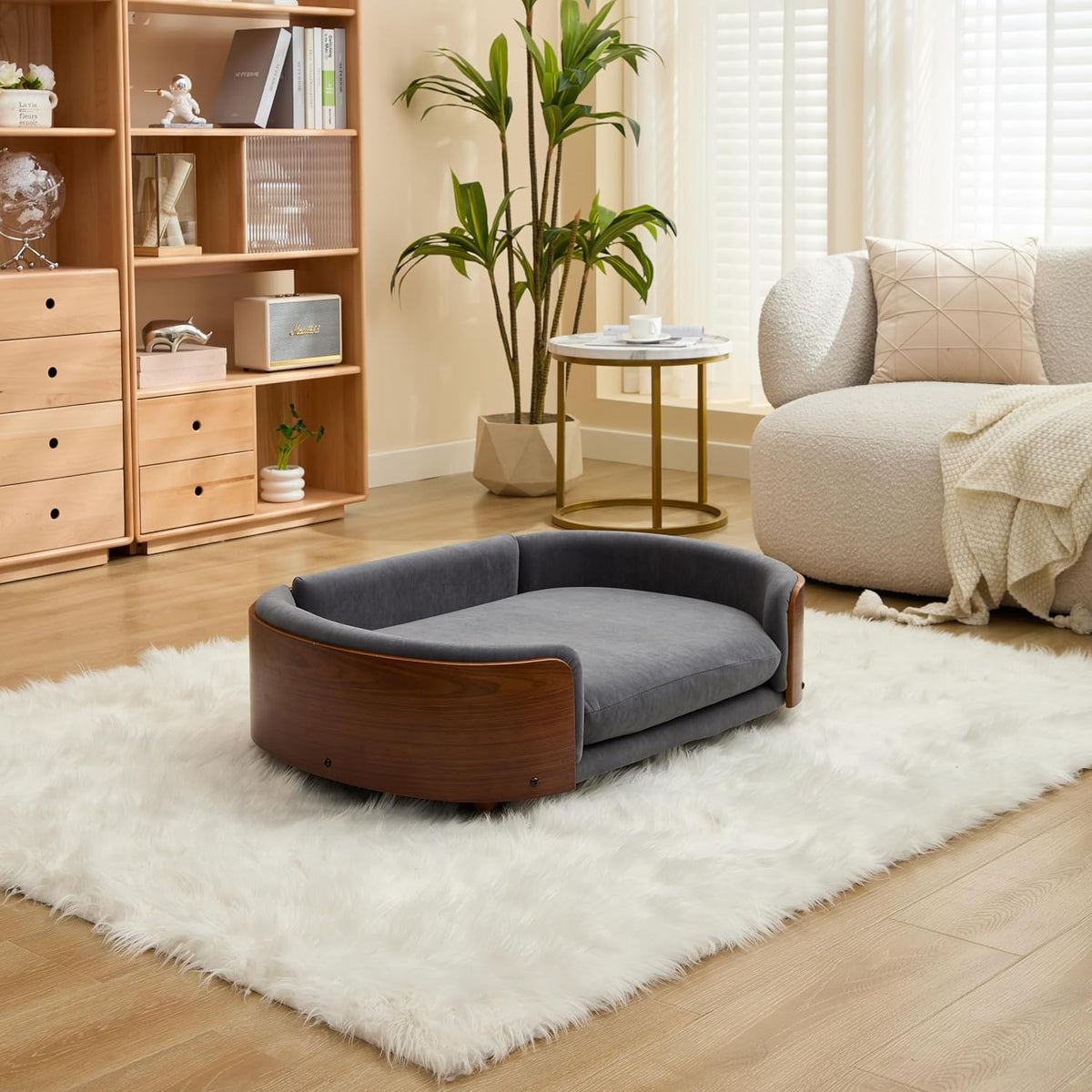 Scandinavian Style Elevated Dog Bed Pet Sofa with Solid Wood Legs and Bent Wood Back, Velvet Cushion, Large Size