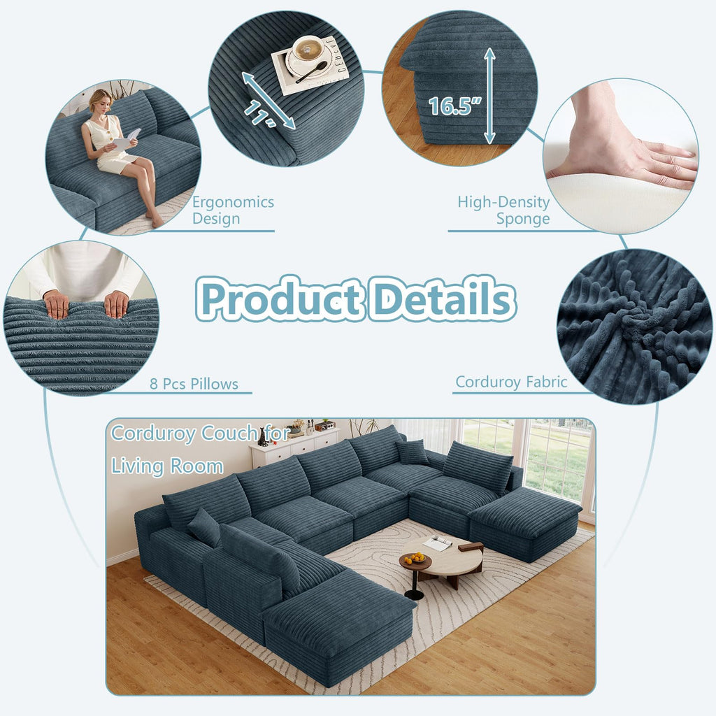 136" Cloud Sectional Couch with U-Shaped Chaise, 6-Seater Corduroy Viral Boneless Sofa with Ottoman, Memory Foam