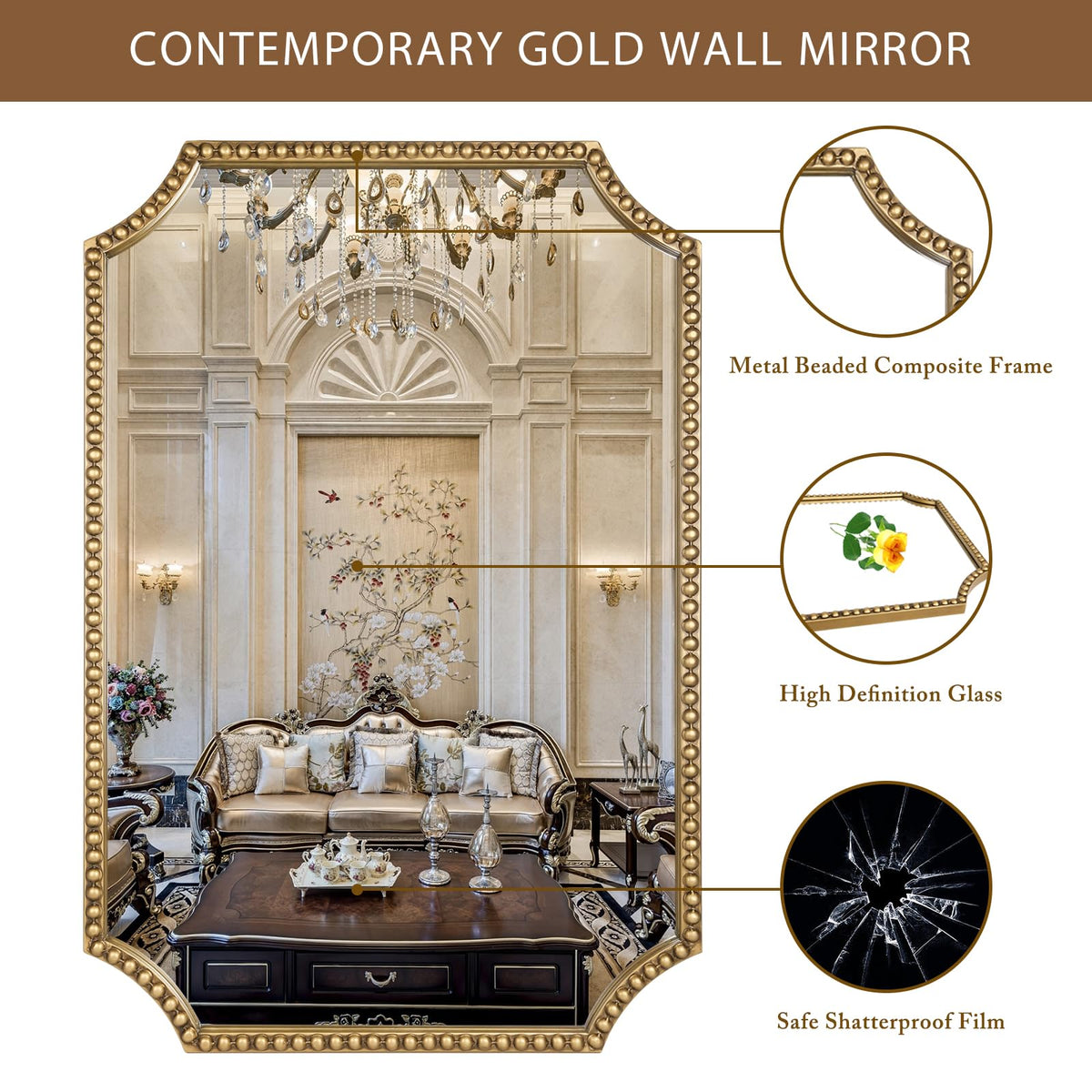 30"x40" Mirror for Wall, Full Scalloped Corners Rectangle Decorative Mirror, Metal Beaded Frame Accent Wall Decor