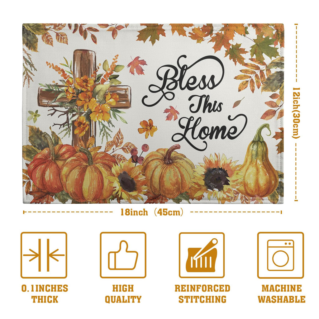 Fall Cross Pumpkin Placemats Set of 4 Autumn Thanksgiving Harvest Sunflower Maple Leaf Orange Linen Table Mats