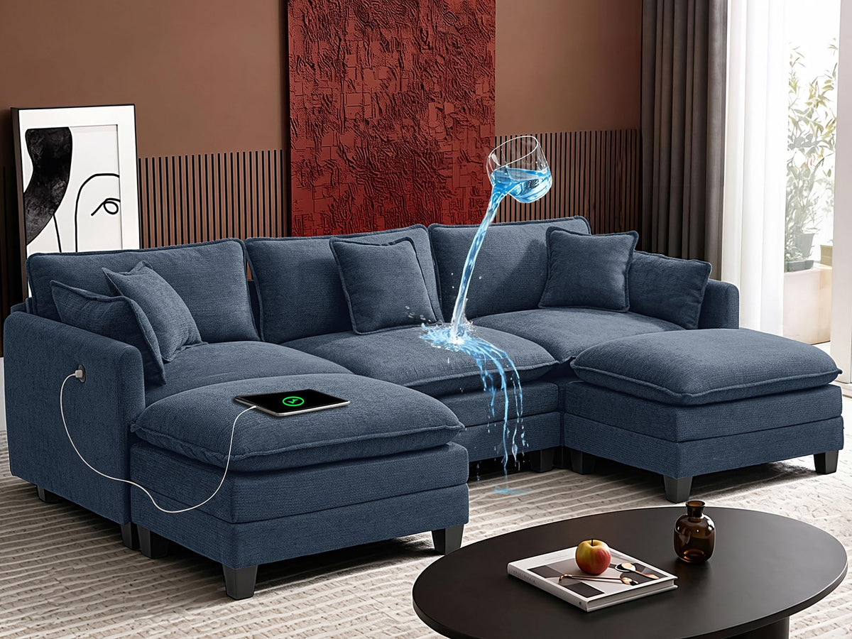 112" Modular Sectional Sofa with USB Charging Port, Water-Repellent Stain-Resistant Fabric, Deep Seat 5-Seat U Shaped