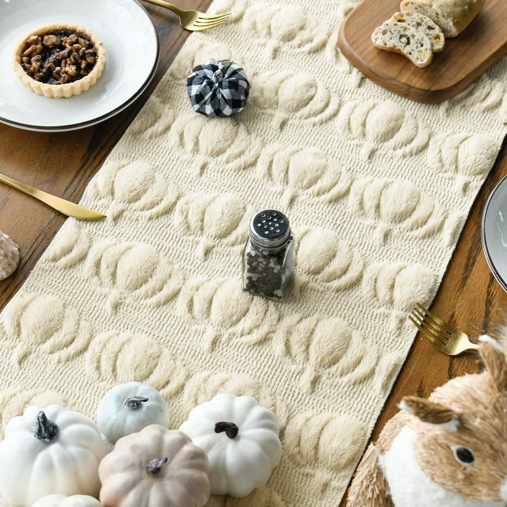 Beige Soft Faux Fur Pumpkins Fall Table Runner 13x108 Inch